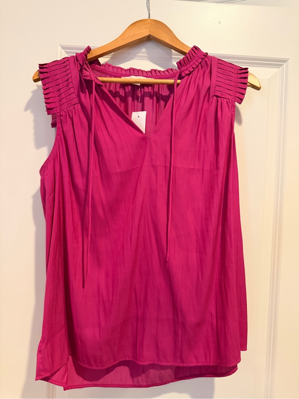 LOFT Sleeveless Pleated-Yoke Tie Neck Blouse in Bright Fuchsia
